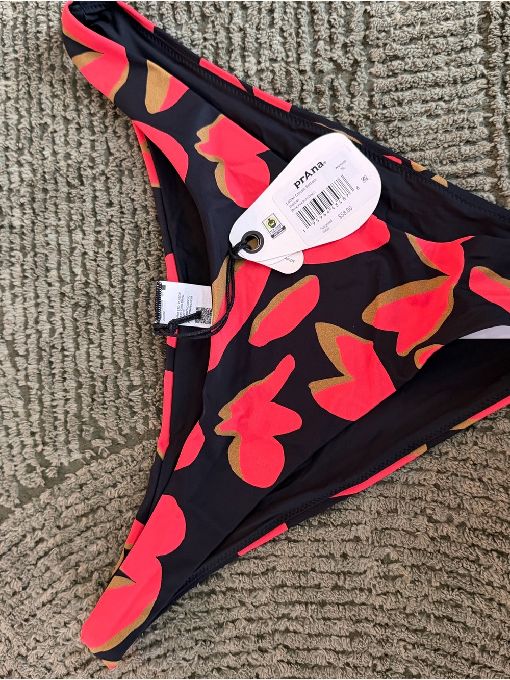 Prana Black Bikini Bottom with Coral Pink and Gold Print